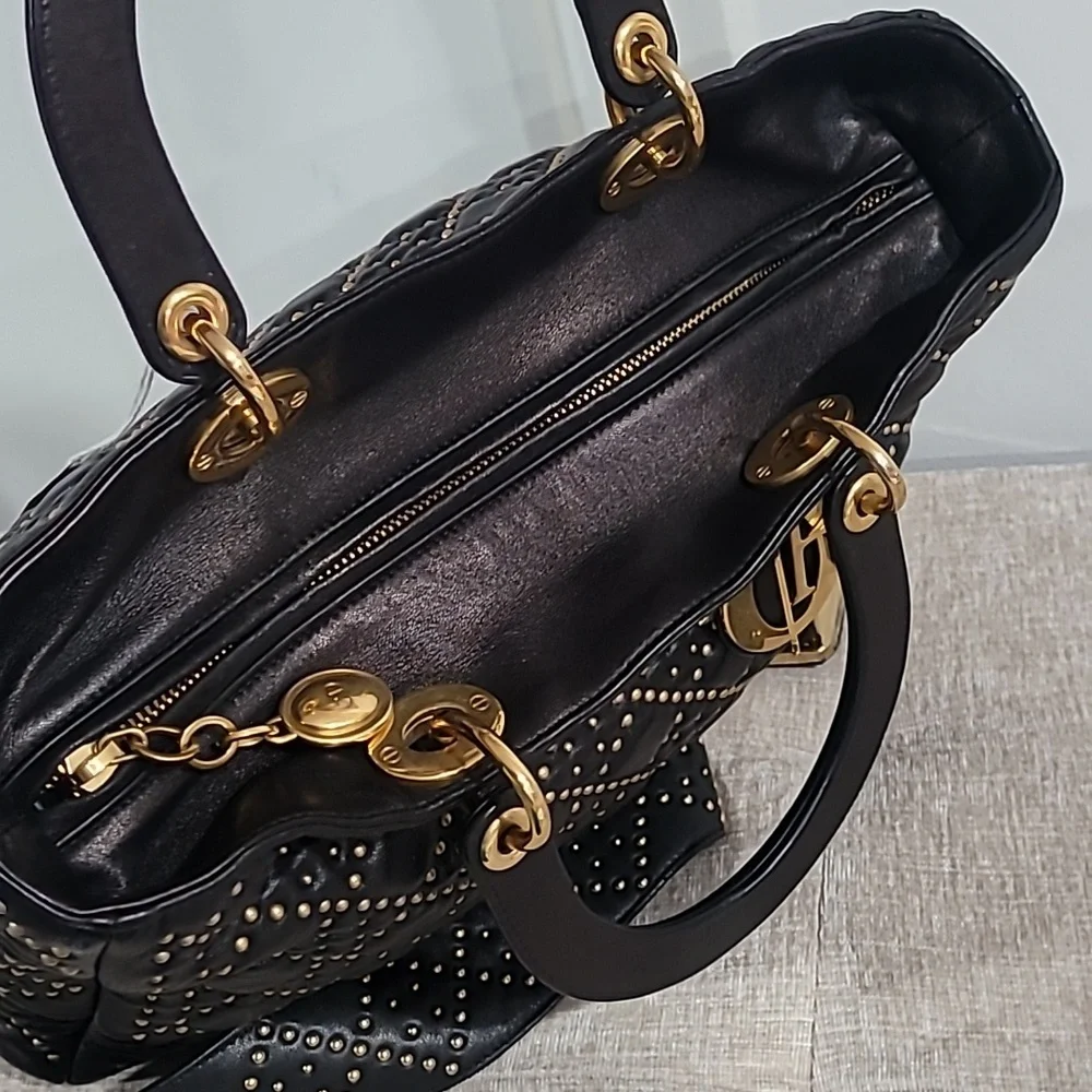 Christain Dior Lady Dior Black Studded Tote Handbag - Picture 13 of 16